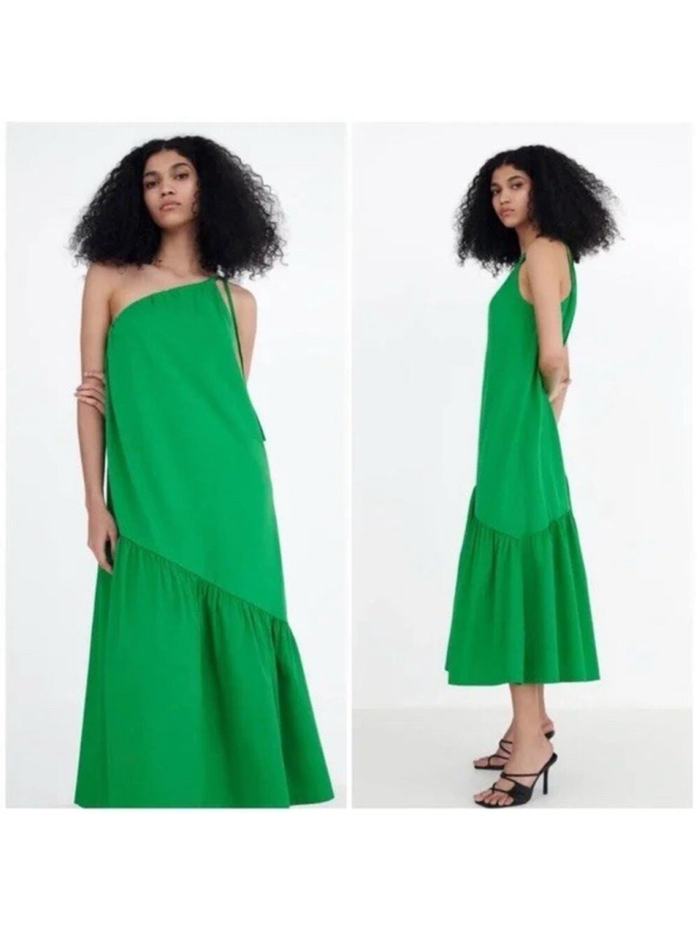 ZARA KELLY GREEN ONE SHOULDER FLOWY 100% COTTON MIDI DRESS RESORT M